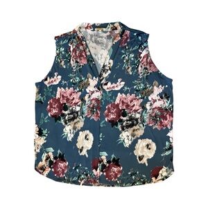 Beacon Teal Floral V-Neck Sleeveless Camisole with Rose and Cream Blooms